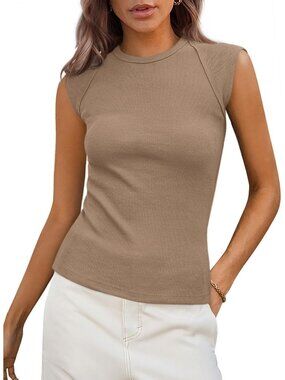 Women's Khaki Polyester Blend Cap Sleeve Slim Fitted Basic Casual Tank Top